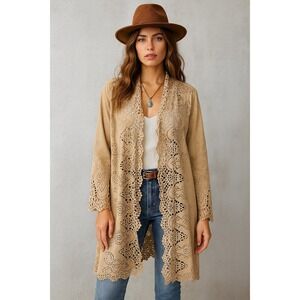 Soft Surroundings Lazer CutOut Bohemian Festival Sweater Jacket Womens Sz XL Tan